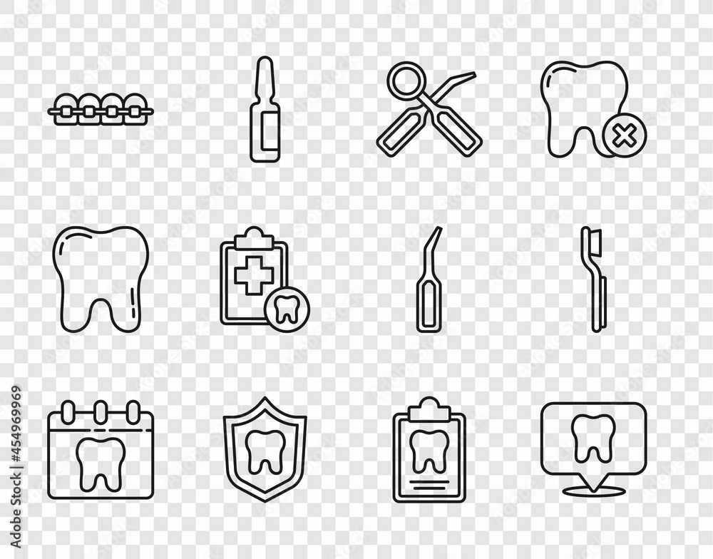 Set line Calendar with tooth, Dental clinic location, inspection mirror, protection, Teeth braces, card, and Toothbrush icon. Vector Set line Calendar with tooth, Dental clinic location, inspection mirror, protection, Teeth braces, card, and Toothbrush icon. Vector