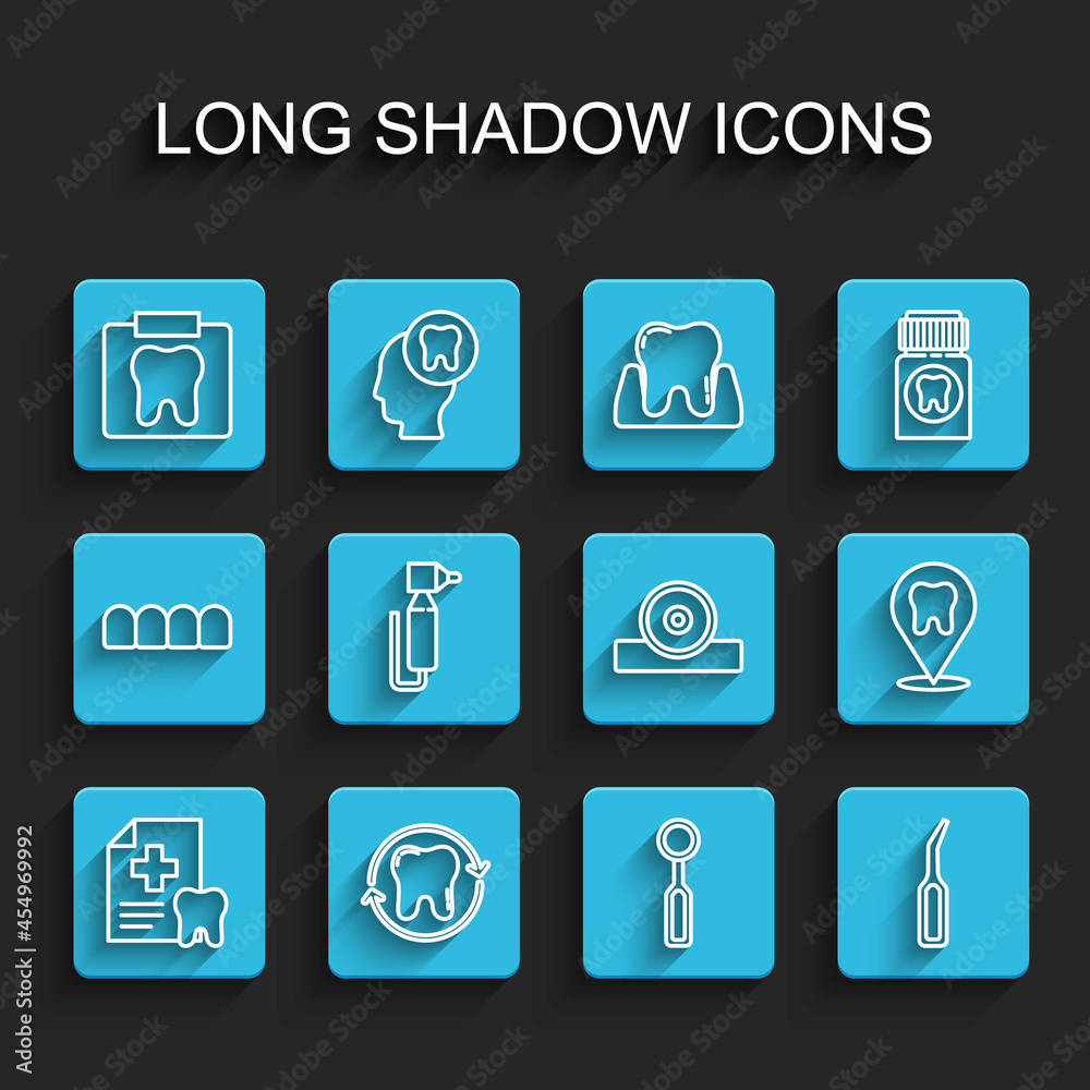 Set line Dental card, Tooth whitening, X-ray of tooth, inspection mirror, explorer scaler, drill, clinic location and Otolaryngological head reflector icon. Vector Set line Dental card, Tooth whitening, X-ray of tooth, inspection mirror, explorer scaler, drill, clinic location and Otolaryngological head reflector icon. Vector