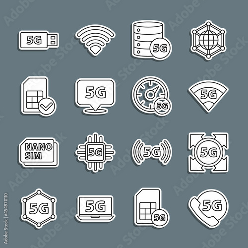 Set line Phone with 5G network, Server, Location, Sim card, modem and Digital speed meter icon. Vector