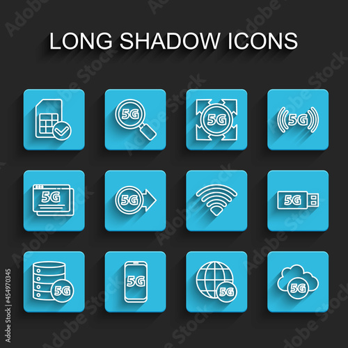 Set line Server 5G network, Mobile with, Sim card, Cloud, modem and Wi-Fi wireless icon. Vector