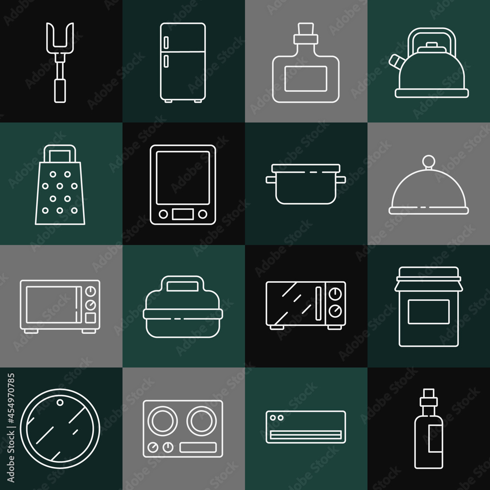 Set line Bottle of olive oil, Jam jar, Covered with tray, Sauce bottle, Electronic scales, Grater, Barbecue fork and Cooking pot icon. Vector Set line Bottle of olive oil, Jam jar, Covered with tray, Sauce bottle, Electronic scales, Grater, Barbecue fork and Cooking pot icon. Vector