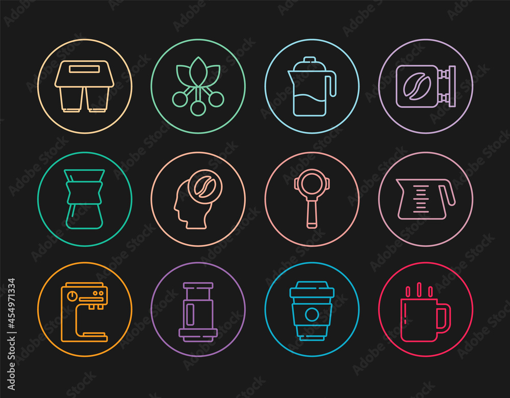 Set line Coffee cup, pot, French press, Barista, Pour over coffee maker, to go, filter holder and bean, branch icon. Vector Set line Coffee cup, pot, French press, Barista, Pour over coffee maker, to go, filter holder and bean, branch icon. Vector