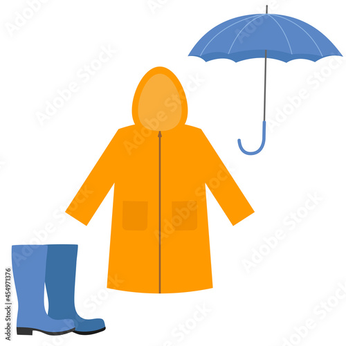 Raincoat, rubber boots, open umbrella. Set of autumn or spring clothes elements for rainy weather. Flat style design.