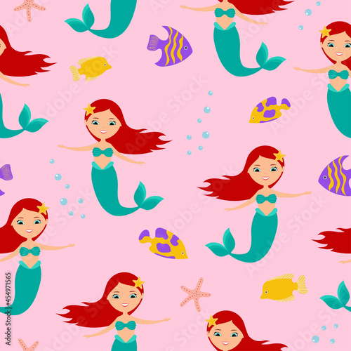 Cute mermaid, starfish and fishes seamless pattern on pink background. Flat style design. 