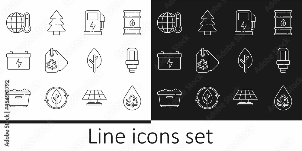 Set line Recycle clean aqua, LED light bulb, Electric car charging station, Tag with recycle, Car battery, Global warming, Tree and Christmas tree icon. Vector Set line Recycle clean aqua, LED light bulb, Electric car charging station, Tag with recycle, Car battery, Global warming, Tree and Christmas tree icon. Vector