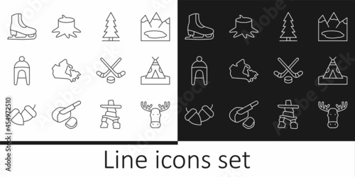 Set line Moose head with horns, Indian teepee wigwam, Canadian spruce, Canada map, Winter hat, Skates, Ice hockey sticks and puck and Tree stump icon. Vector
