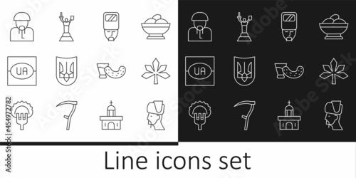 Set line Ukrainian cossack, Chestnut leaf, trident, Flag of Ukraine, Glass with vodka and Mother Motherland monument icon. Vector