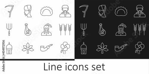 Set line Poppy flower, Wheat, Dumplings, Bandura, Garden pitchfork, Scythe, Ukrainian cossack and icon. Vector