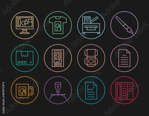Set line Brochure, File document, Copy machine, News, Carton cardboard box, Computer monitor screen, and T-shirt icon. Vector