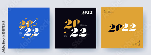 Creative concept of 2022 Happy New Year posters set. Design templates with typography logo 2022 for celebration and season decoration. Minimalistic trendy backgrounds for branding, banner, cover, card
