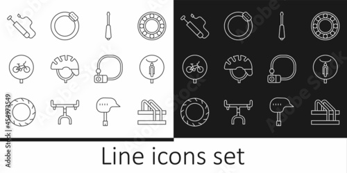 Set line Bicycle parking, Screwdriver, helmet, air pump, lock and brake disc icon. Vector