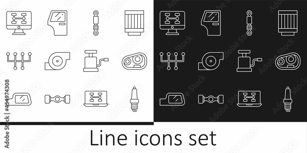 Set line Car spark plug, headlight, Shock absorber, Automotive turbocharger, Gear shifter, Diagnostics condition of car, air pump and door icon. Vector Set line Car spark plug, headlight, Shock absorber, Automotive turbocharger, Gear shifter, Diagnostics condition of car, air pump and door icon. Vector