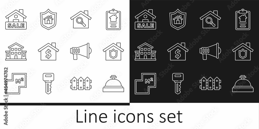 Set line Hotel service bell, House with shield, Search house, dollar symbol, Hanging sign Sale, Megaphone and icon. Vector Set line Hotel service bell, House with shield, Search house, dollar symbol, Hanging sign Sale, Megaphone and icon. Vector