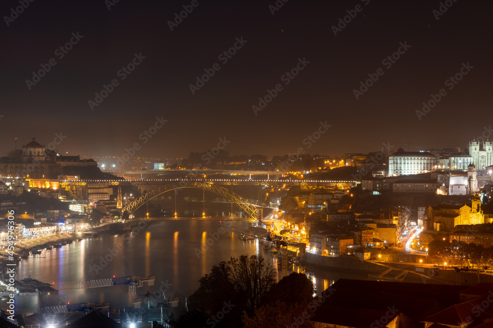 Panoramic view on old part of Porto city in Portugal at night