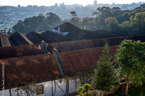 Panoramic view on old part of Porto and porto loges of Vila Nova de Gaia in Portugal at sunrise photo