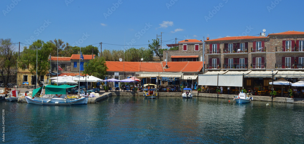 Pretty harbour at Molyvos  on the island of Lesvos  with fishing boats and restaurants. 