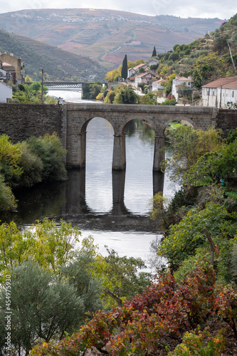 Panoramic view on Douro river valley and colorful hilly stair step terraced vineyards in autumn, wine making industry in Portugal