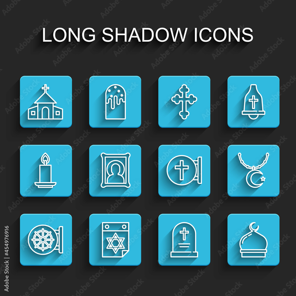 Set line Dharma wheel, Jewish calendar, Church building, Tombstone with cross, Muslim Mosque, Christian icon, Star and crescent chain and icon. Vector Set line Dharma wheel, Jewish calendar, Church building, Tombstone with cross, Muslim Mosque, Christian icon, Star and crescent chain and icon. Vector