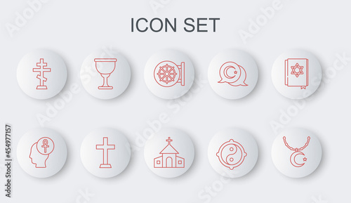 Set line Star and crescent on chain, Cross ankh, Dharma wheel, Yin Yang, Christian cross, Holy grail or chalice, and Church building icon. Vector