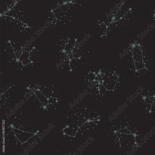 Vector zodiac constellations. Celestial seamless pattern. Stylized astronomical star systems in grey color on a black background. Backdrop with astrological horoscope signs