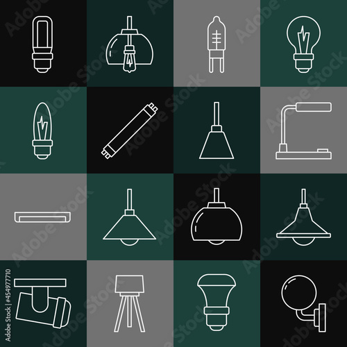 Set line Wall lamp or sconce, Chandelier, Table, Light emitting diode, Fluorescent, bulb, LED light and icon. Vector