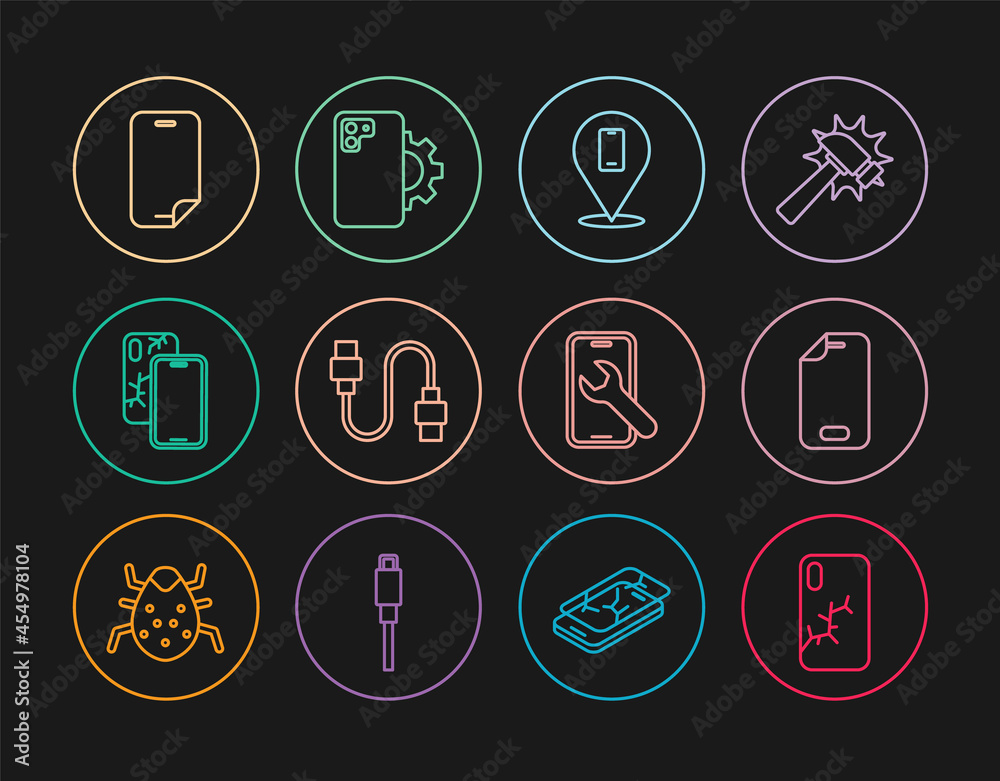Set line Mobile with broken screen, Glass protector, Phone repair service, USB cable cord, and icon. Vector Set line Mobile with broken screen, Glass protector, Phone repair service, USB cable cord, and icon. Vector