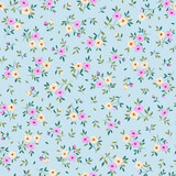 Spring flowers print. Vector seamless floral pattern. Plant design for fashion prints. Endless print made of small pastel color  flowers. Elegant template. Pale blue background. Stock vector.
