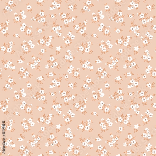 Vintage floral background. Floral pattern with small white flowers on a beige background. Seamless pattern for design and fashion prints. Ditsy style. Stock vector illustration.