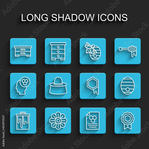 Set line Honeycomb, Flower, Hive for bees, medal, Beekeeper with protect hat, and icon. Vector