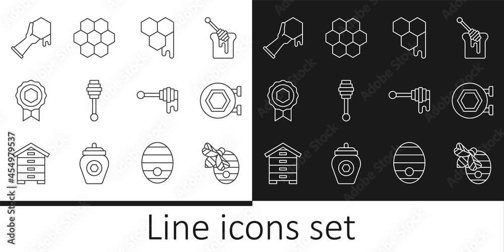 Set line Hive for bees, Hanging sign with honeycomb, Honeycomb, dipper stick, medal, and hand, and icon. Vector