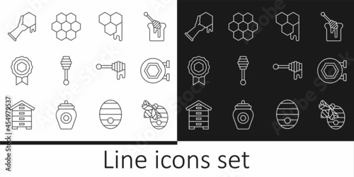 Set line Hive for bees, Hanging sign with honeycomb, Honeycomb, dipper stick, medal, and hand, and icon. Vector