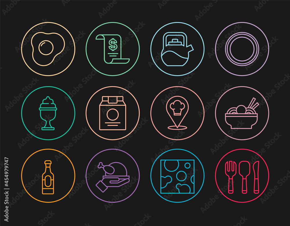 Set line Fork, spoon and knife, Asian noodles in bowl, Kettle with handle, Online ordering delivery, Ice cream, Scrambled eggs, Chef hat location and Paper financial check icon. Vector Set line Fork, spoon and knife, Asian noodles in bowl, Kettle with handle, Online ordering delivery, Ice cream, Scrambled eggs, Chef hat location and Paper financial check icon. Vector