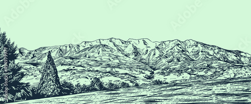 Hand drawn vector illustration of mountain scenery with lots of trees