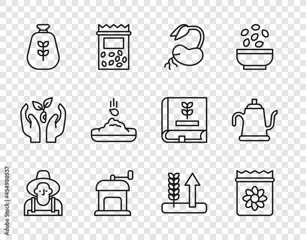 Set line Farmer in the hat, Pack full of seeds of plant, Sprout, Manual coffee grinder, Bag flour, Seed, Wheat and Watering can icon. Vector Set line Farmer in the hat, Pack full of seeds of plant, Sprout, Manual coffee grinder, Bag flour, Seed, Wheat and Watering can icon. Vector