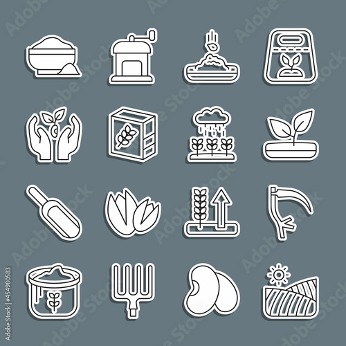 Set line Agriculture wheat field, Scythe, Sprout, Seed, Flour pack, Plant in hand, bowl and sprouts grow rain icon. Vector
