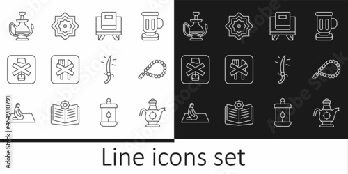 Set line Islamic teapot, Rosary beads religion, Holy book of Koran, Ramadan fasting, No alcohol, Hookah, Arabian saber and Octagonal star icon. Vector