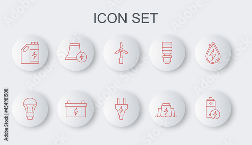 Set line Battery, LED light bulb, Wind turbine, Hydroelectric dam, Eco fuel canister, Nuclear power plant, Car battery and Electric plug icon. Vector