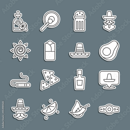 Set line Wrestling championship belt, Mexican sombrero, Avocado fruit, Salt, Burrito, Sun, Tequila bottle with lemon and icon. Vector