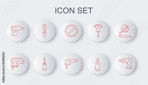Set line Electric cordless screwdriver, jigsaw, Circular blade, Screwdriver, Rasp metal file, and icon. Vector