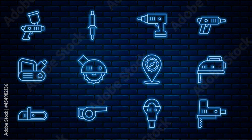 Set line Electric jigsaw, cordless screwdriver, circular, planer tool, Paint spray gun, Circular blade and Soldering iron icon. Vector