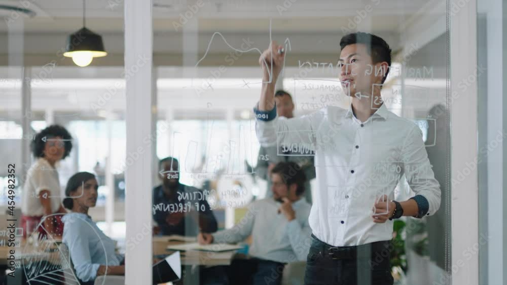 young asian businessman writing on glass whiteboard team leader training colleagues in meeting brainstorming problem solving strategy sharing ideas in office presentation seminar 4k