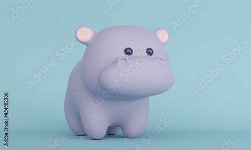 Cute little hippo on a blue background with copy space. 3d rendering