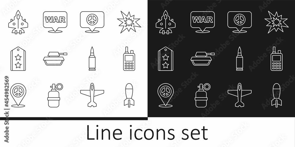 Set line Rocket launcher, Walkie talkie, Location peace, Military tank, rank, Jet fighter, Bullet and The word war icon. Vector