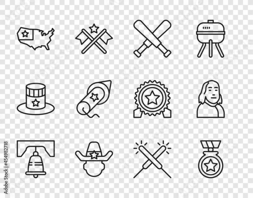 Set line Liberty bell in Philadelphia, Medal with star, Crossed baseball bat, Sheriff cowboy, USA map, Firework, Sparkler firework and Benjamin Franklin icon. Vector