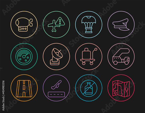 Set line World travel map, Passenger ladder, Box flying on parachute, Radar, with targets monitor, Airship, Trolley baggage and Warning aircraft icon. Vector