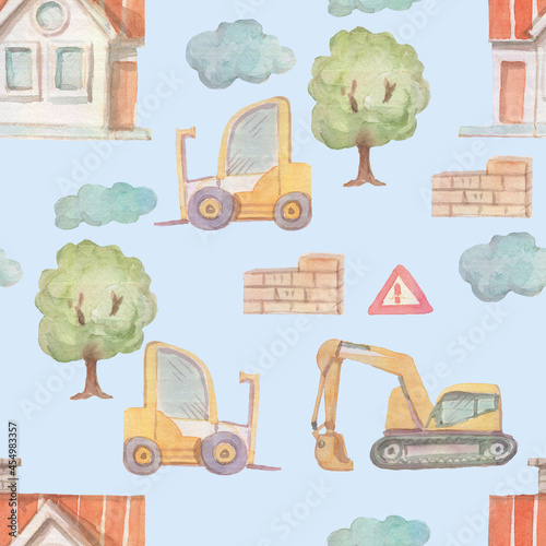 construction machines watercolor illustration hand drawn patern seamless print textile. Construction construction site