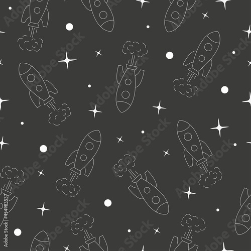 Outline rocket in space seamless pattern on black background. Vector illustration. 