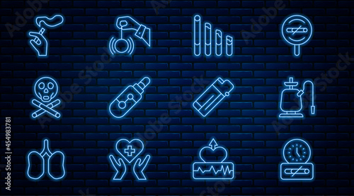 Set line No smoking time, Hookah, Smoking cigarette, Electronic, Bones and skull, Hand with, Lighter and Hypnosis icon. Vector