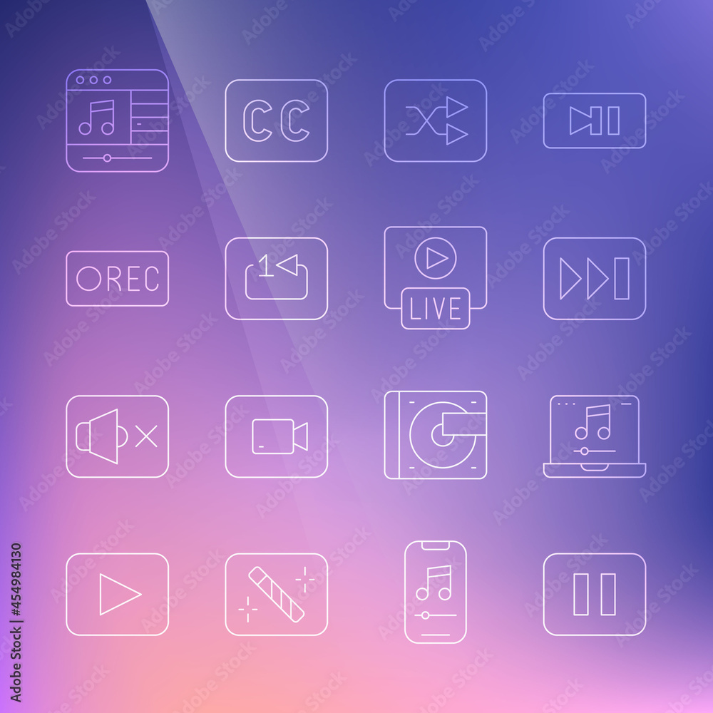 Set line Pause button, Laptop with music, Fast forward, Arrow shuffle, Repeat track player, Record, Music and Live stream icon. Vector Set line Pause button, Laptop with music, Fast forward, Arrow shuffle, Repeat track player, Record, Music and Live stream icon. Vector