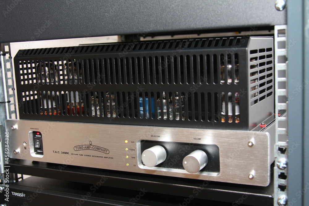 HiEnd tube stereo amplifier in the loft apartments. Stock Photo